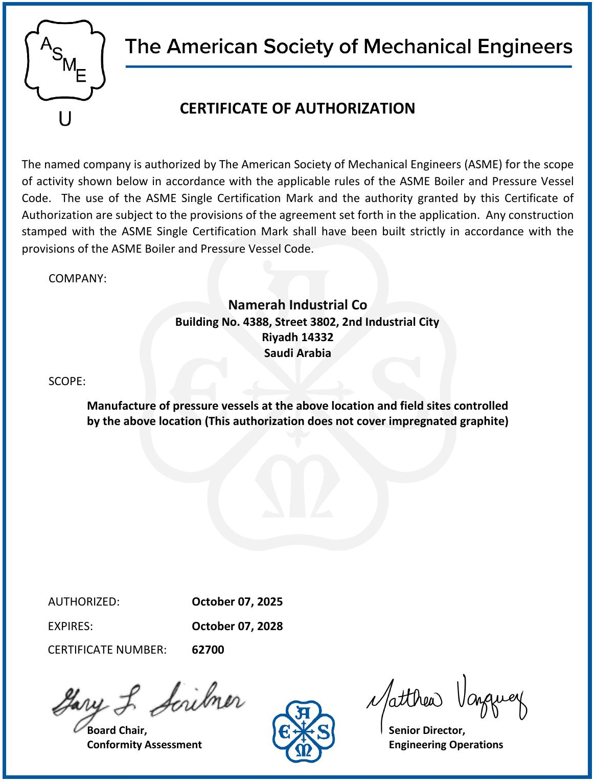ASME Certificate of Authorization